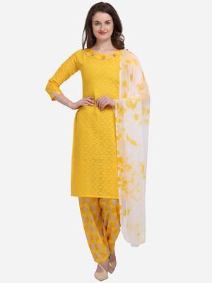 Yellow Color Cotton Printed Unstitched Dress Material 1