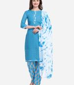 Sky Blue Color Cotton Printed Unstitched Dress Material