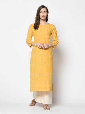Yellow Cotton Straight kurti 1