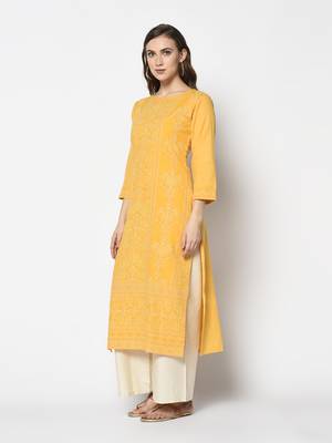 Yellow Cotton Straight kurti 3