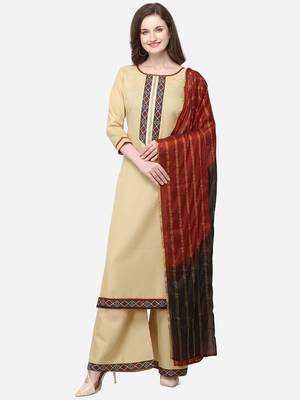 Beige Color Printed Yoke Unstitched Dress Material 1