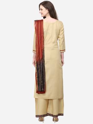 Beige Color Printed Yoke Unstitched Dress Material 2