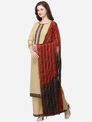 Beige Color Printed Yoke Unstitched Dress Material 3