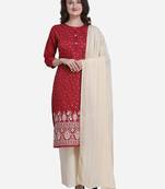 Maroon & Beige Color Embroidered Unstitched Dress Material