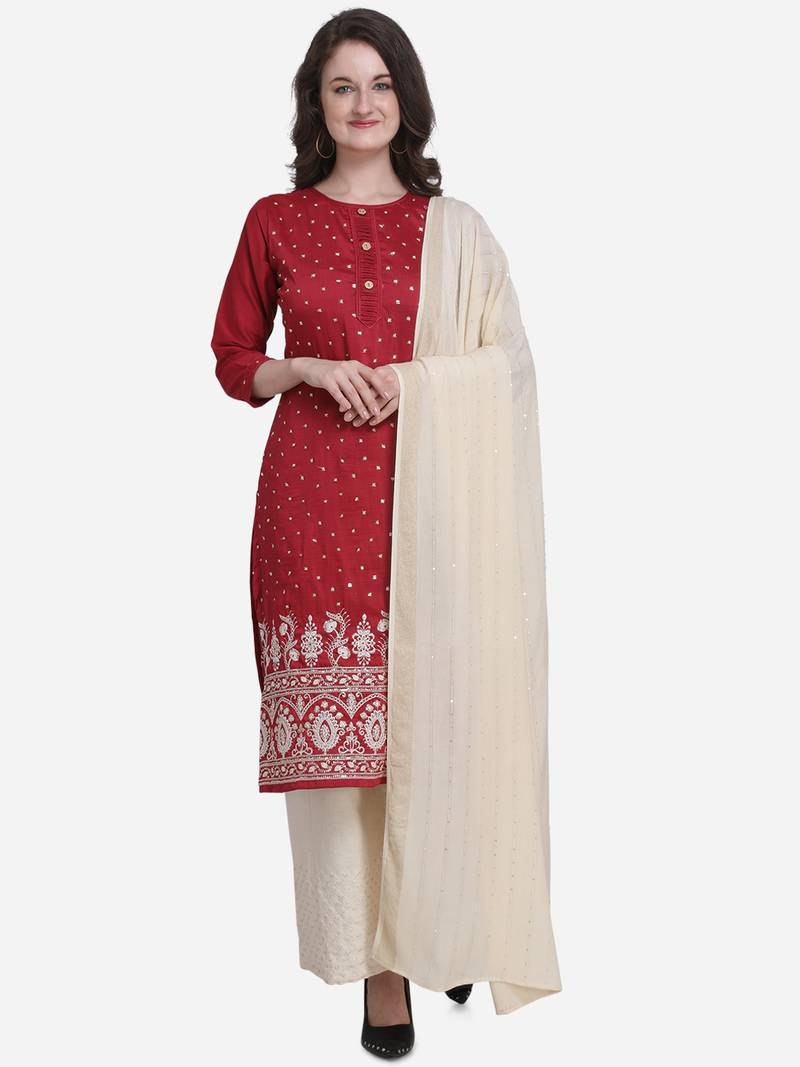 Maroon & Beige Color Embroidered Unstitched Dress Material