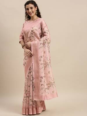 Pink Silk Woven Floral Printed saree with blouse 1