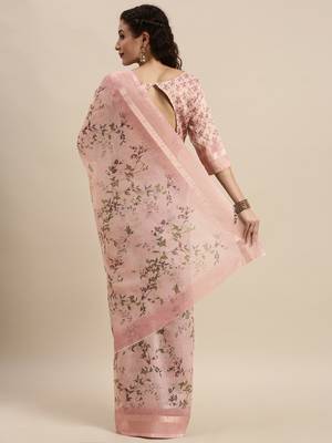Pink Silk Woven Floral Printed saree with blouse 2