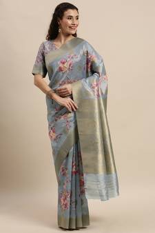 Grey Silk Woven Floral Printed Saree With Blouse