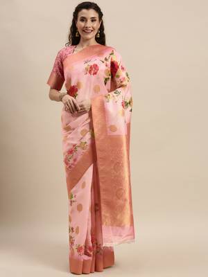 Pink Silk Woven Floral Printed saree with blouse 1