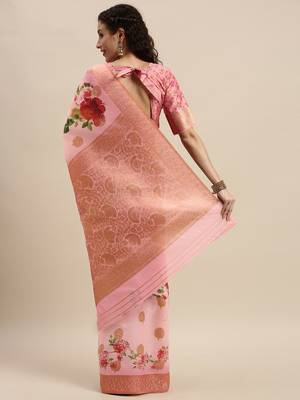 Pink Silk Woven Floral Printed saree with blouse 2