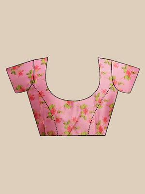 Pink Silk Woven Floral Printed saree with blouse 3
