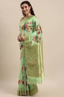 Green Silk Woven Floral Printed Saree With Blouse