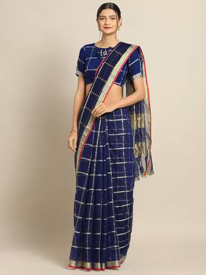 Navy Blue Cotton Silk saree with blouse 1