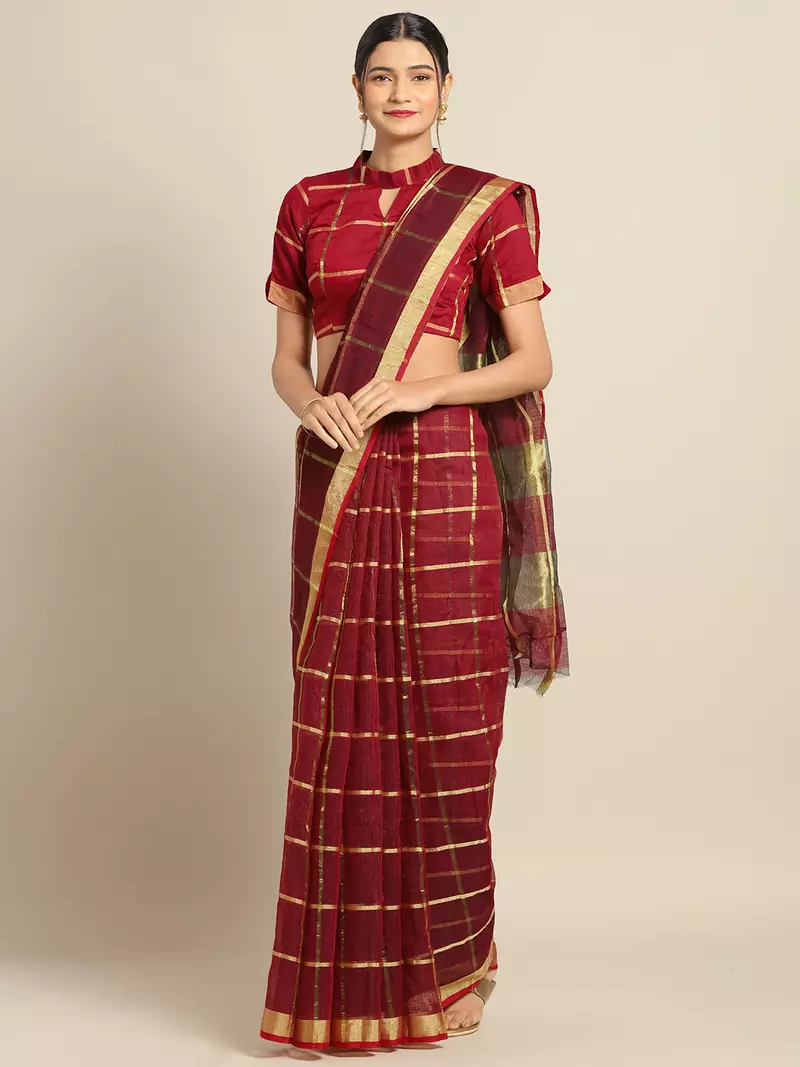 Burgundy Cotton Silk saree with blouse