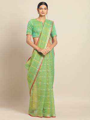 Parrot Green Cotton Silk saree with blouse 1