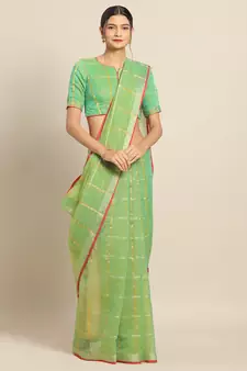 Parrot Green Cotton Silk saree with blouse