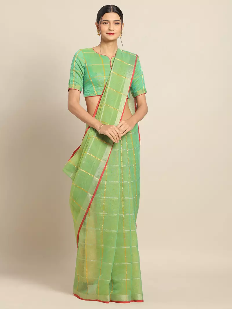 Parrot Green Cotton Silk saree with blouse