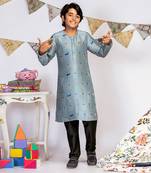 PS Kids by Payal Singhal Powder Blue Printed Silk Kurta with Black Cotton Silk Churidar