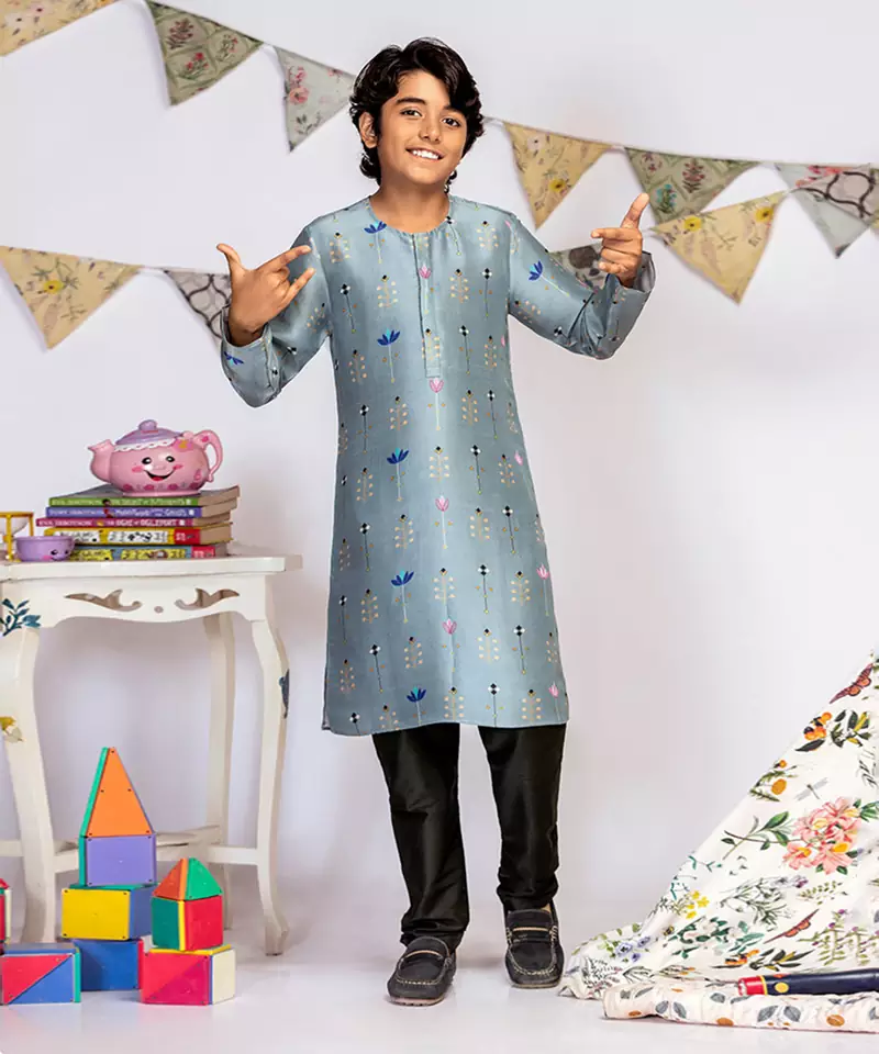 Powder Blue Printed Silk Kurta with Black Cotton Silk Churidar