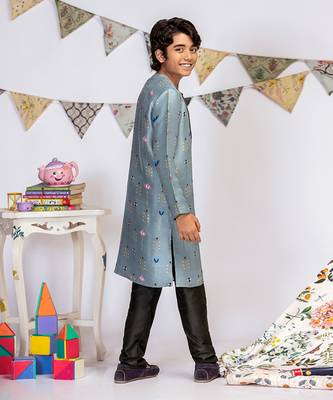 PS Kids by Payal Singhal Powder Blue Printed Silk Kurta with Black Cotton Silk Churidar 3