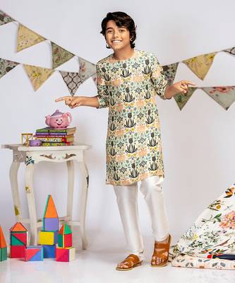 PS Kids by Payal Singhal Cream Printed Silk Kurta with Off white Cotton Silk Churidar 1