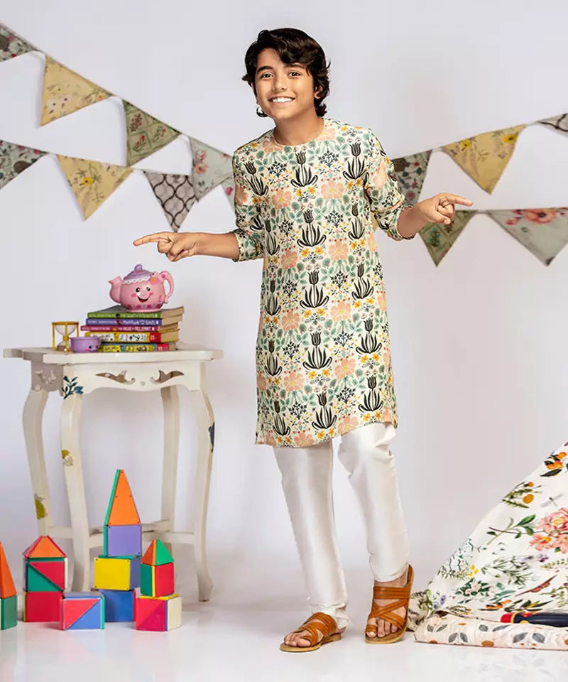 Cream Printed Silk Kurta with Off white Cotton Silk Churidar