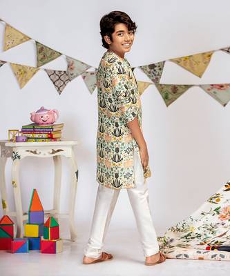 PS Kids by Payal Singhal Cream Printed Silk Kurta with Off white Cotton Silk Churidar 2