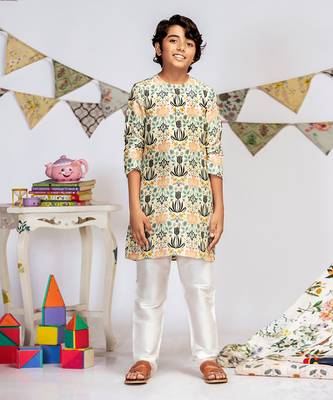 PS Kids by Payal Singhal Cream Printed Silk Kurta with Off white Cotton Silk Churidar 3