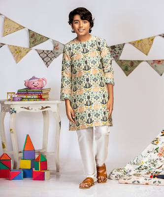 PS Kids by Payal Singhal Cream Printed Silk Kurta with Off white Cotton Silk Churidar 4
