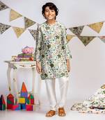 Aqua Printed Silk Kurta with Off white Cotton Silk Churidar