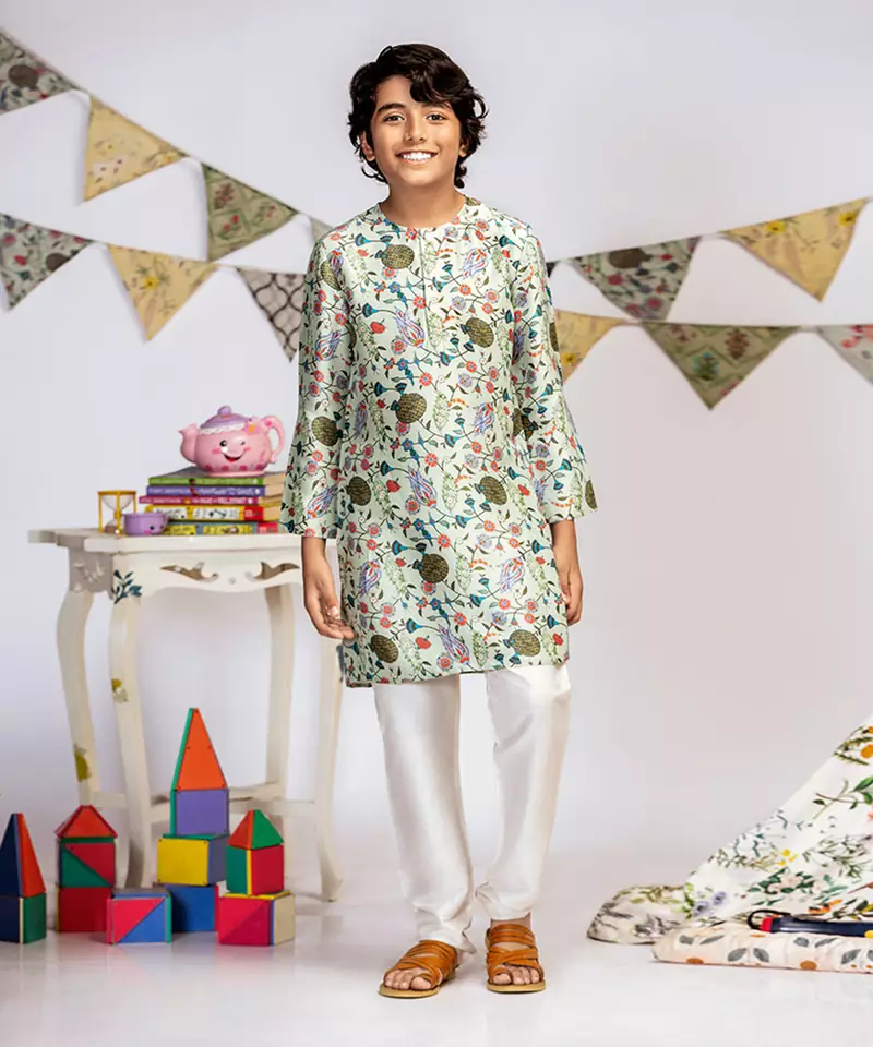 Aqua Printed Silk Kurta with Off white Cotton Silk Churidar