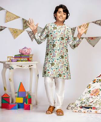 PS Kids by Payal Singhal Aqua Printed Silk Kurta with Off white Cotton Silk Churidar 3