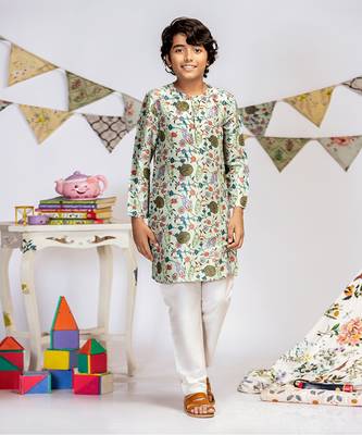 PS Kids by Payal Singhal Aqua Printed Silk Kurta with Off white Cotton Silk Churidar 1