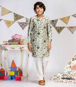 PS Kids by Payal Singhal Aqua Printed Silk Kurta with Off white Cotton Silk Churidar