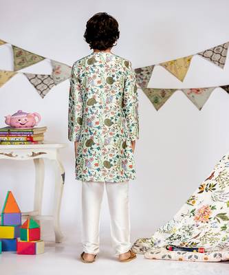 PS Kids by Payal Singhal Aqua Printed Silk Kurta with Off white Cotton Silk Churidar 4