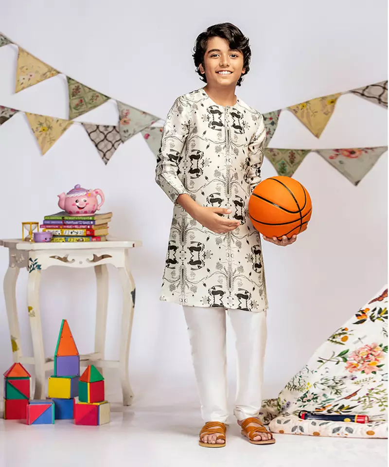 Stone Printed Silk Kurta with Off white Cotton Silk Churidar
