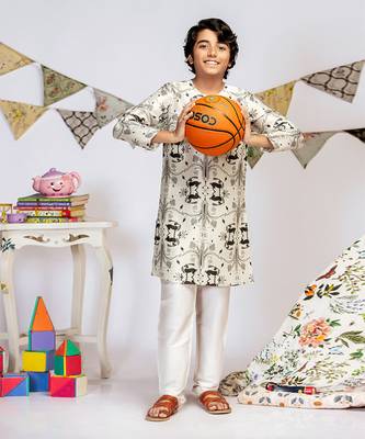 PS Kids by Payal Singhal Stone Printed Silk Kurta with Off white Cotton Silk Churidar 2
