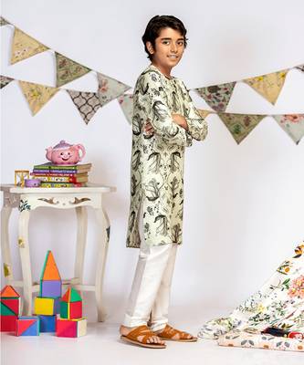 PS Kids by Payal Singhal Mint Printed Silk Kurta with Off white Cotton Silk Churidar 2