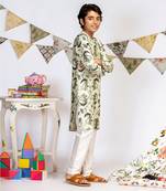 Mint Printed Silk Kurta with Off white Cotton Silk Churidar