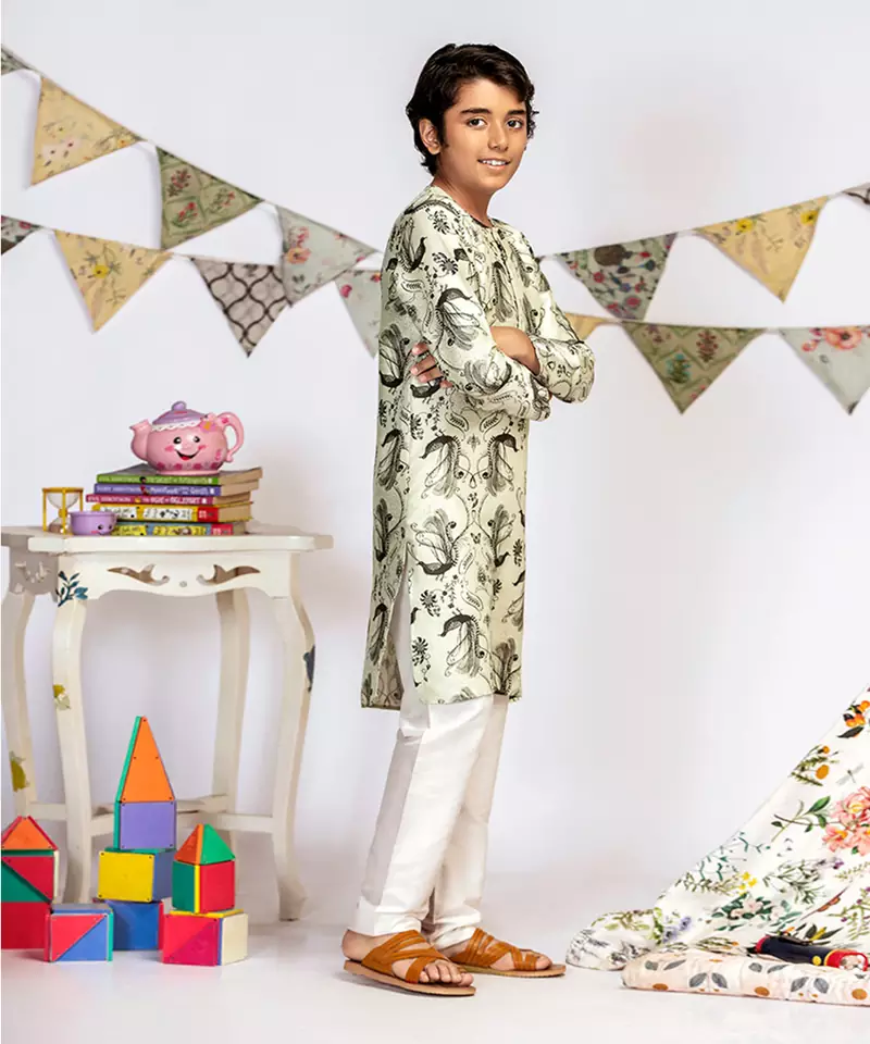 Mint Printed Silk Kurta with Off white Cotton Silk Churidar