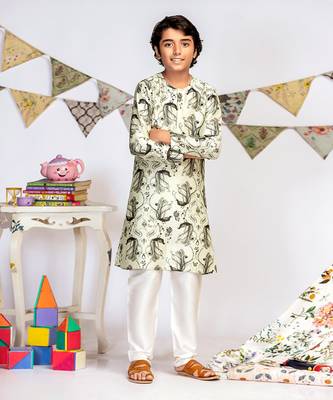PS Kids by Payal Singhal Mint Printed Silk Kurta with Off white Cotton Silk Churidar 1