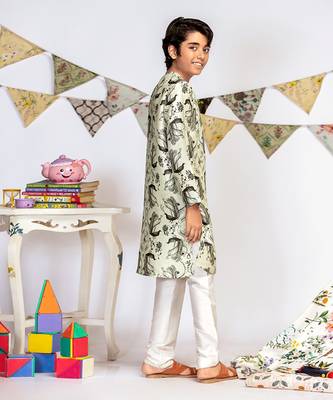 PS Kids by Payal Singhal Mint Printed Silk Kurta with Off white Cotton Silk Churidar 4