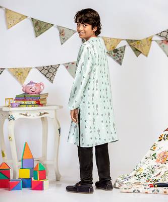 PS Kids by Payal Singhal Blue Printed Silk Kurta with Black Cotton Silk Churidar 2