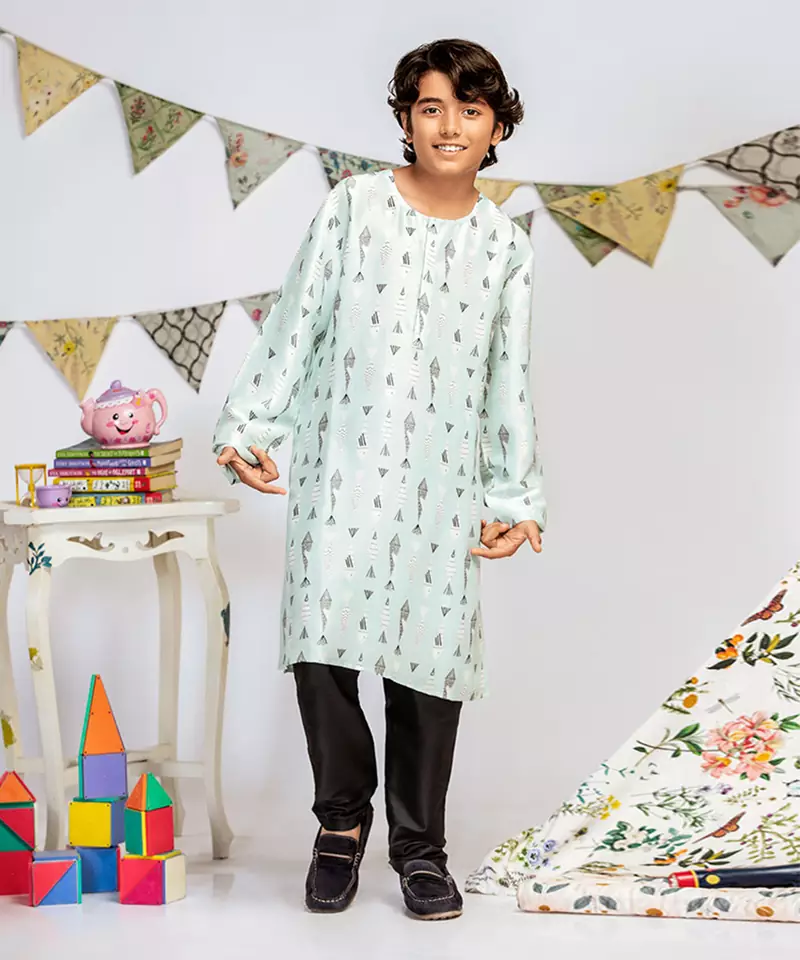 Blue Printed Silk Kurta with Black Cotton Silk Churidar