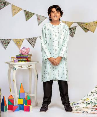 PS Kids by Payal Singhal Blue Printed Silk Kurta with Black Cotton Silk Churidar 1