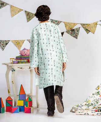 PS Kids by Payal Singhal Blue Printed Silk Kurta with Black Cotton Silk Churidar 4