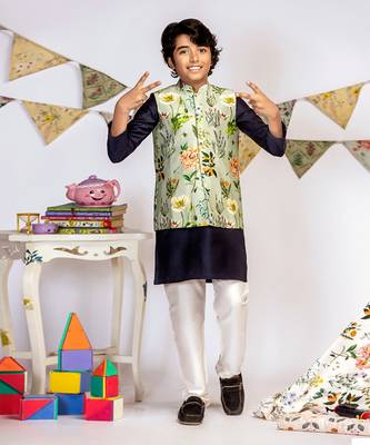 PS Kids by Payal Singhal Aqua Printed Silkmul Bandi with Navy Cotton Silk Kurta and Off white Cotton Silk Churidar 2