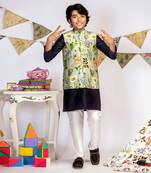 Aqua Printed Silkmul Bandi with Navy Cotton Silk Kurta and Off white Cotton Silk Churidar