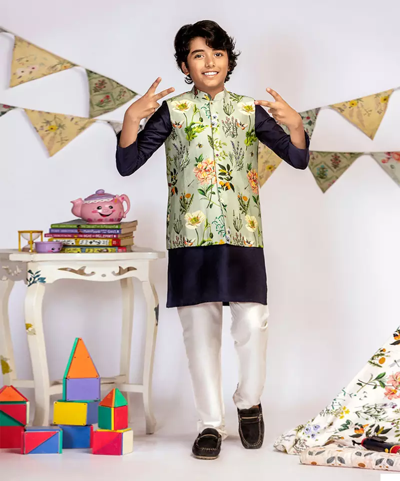 Aqua Printed Silkmul Bandi with Navy Cotton Silk Kurta and Off white Cotton Silk Churidar