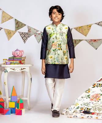 PS Kids by Payal Singhal Aqua Printed Silkmul Bandi with Navy Cotton Silk Kurta and Off white Cotton Silk Churidar 1